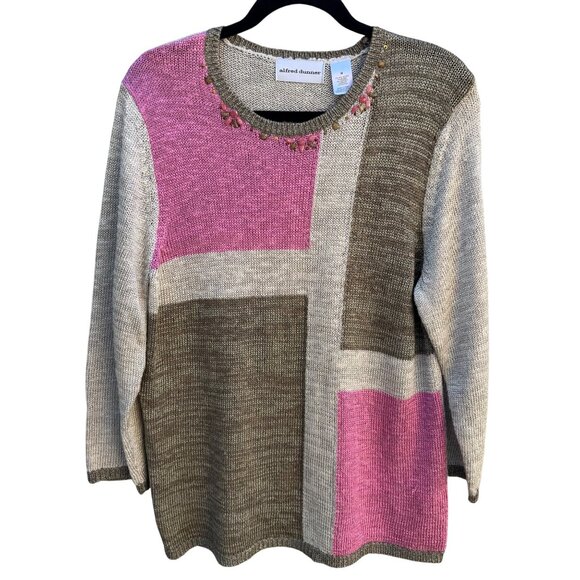 Alfred Dunner Sweaters - Alfred Dunner Vintage Womens Beaded Neckline Pink Tan Colorblock Knit Sweater M